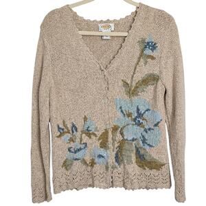 Talbots Sz M Silk Blend Beige Cardigan with Blue Floral Sequins Cottagecore